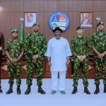 Delta State Governor, Rt. Hon. Sheriff Oborevwori (8th left), the General Officer Commanding, 6 Division, Nigerian Army, Port Harcourt/Land Component Commander, Joint Task Force South-South Operation Delta Safe, Major General Everest Okoro (6th right), Commander, Intelligence, 6 Division, Brigadier General A.S. Aliyu (5th left), Commander, 63 Brigade, Brigadier General Ibrahim Baba Buhari (7th right), alongside other senior military officers and top government officials, during a courtesy visit by the military delegation to the Governor at Government House, Asaba, on Tuesday. PHOTO: SAMUEL JIBUNOR.