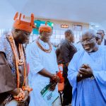 Delta State Governor, Rt. Hon. Sheriff Oborevwori (right), exchanging warm greetings with the Asagba of Asaba, His Majesty, Prof. Epiphany Azinge, SAN (left) and the 2nd Vice Chairman, Delta State Traditional Rulers Council and the Obi of Ubulu-Unor Kingdom, His Majesty, Agbogidi, Obi Henry Kikachukwu I (middle), during the interdenominational Thanksgiving Service marking Nigeria’s 66th Independence Anniversary at Living Faith Church (Winners’ Chapel), Ibusa Road Branch, Asaba, on Sunday. PHOTO: SAMUEL JIBUNOR